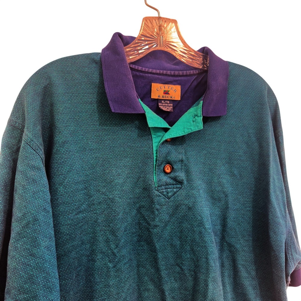 Cutter & Buck‎ Polo Shirt Vintage Teal Green Cotton Diamond Knit Mens XL